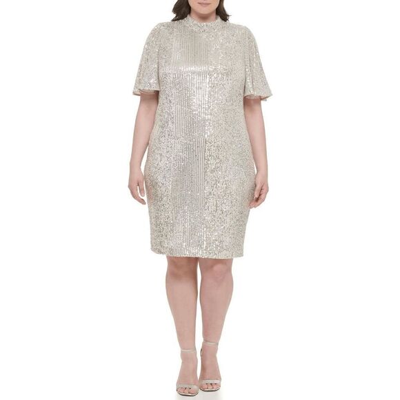 ✨ ELIZA J Silver Sequin Sheath Flutter Sleeve Mock Neck Dress SIZE 12 $168 NWT - Picture 6 of 16